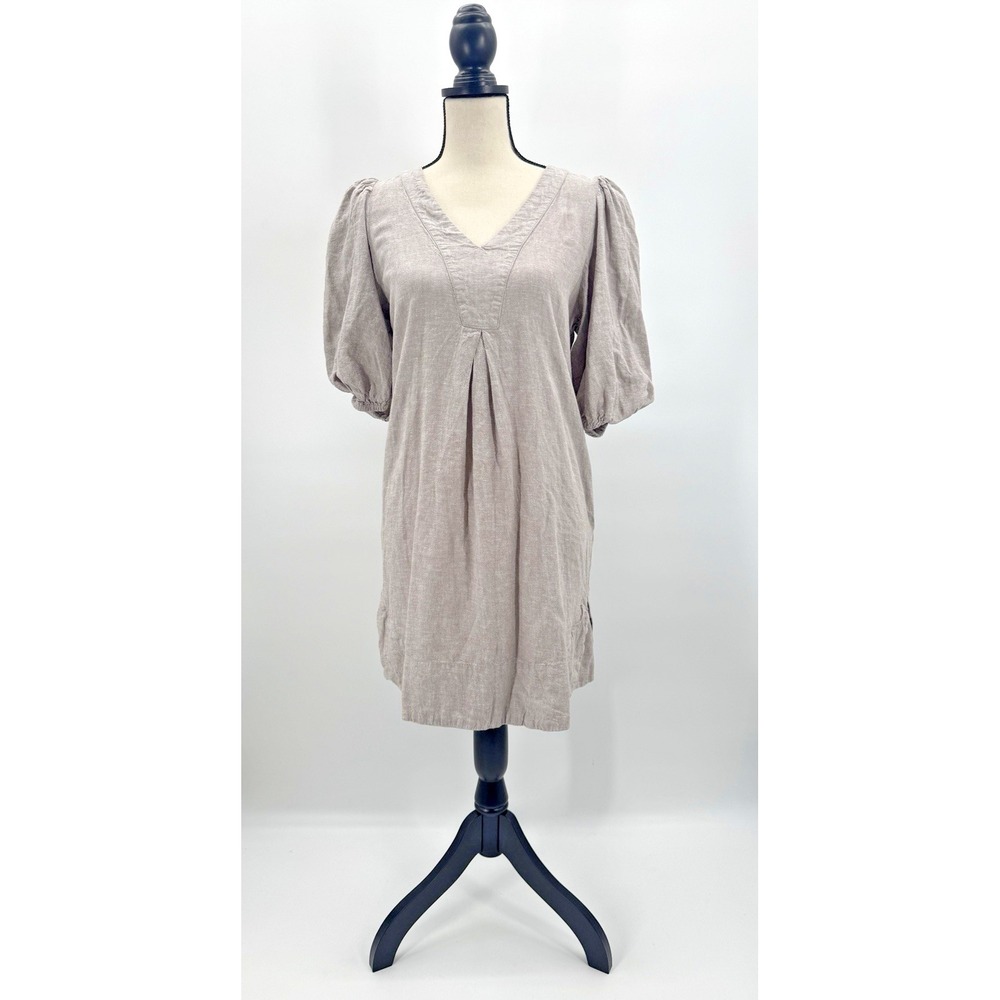 Cynthia Rowley Oatmeal Puff Sleeve Linen Dress Small V-Neck Pockets Coastal Prep